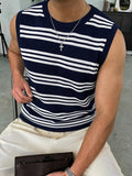 Summer New Men'S Knit Casual Loose Pullover Shirt, Casual Vacation Style Easy Classic Striped Round Neck Sleeveless Vest, Suitable for School, Work, Commuting, Travel, Vacation, Street Wear - Navy Color