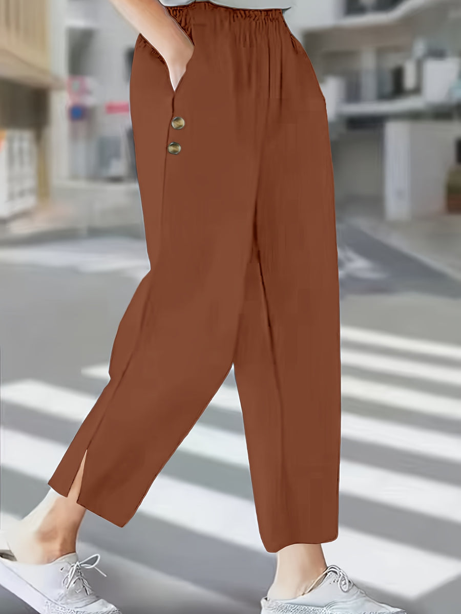 Solid Color Elegant Ankle Pants with Buttoned Pockets, Featuring a Slit Cuff Design for Added Dynamism, Suitable for Daily Outings or Commuting - Rust