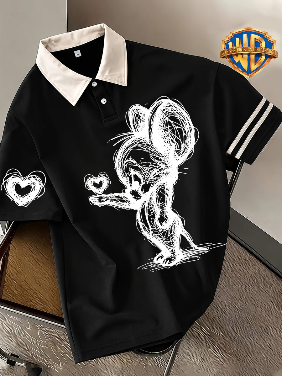 Back-to-School Warner Bros. Official "Bixin" Cartoon Cute Print Men's Summer Loose Lapel Japanese-Style Polo Short-Sleeve T-Shirt, Comfortable, Breathable, and Slightly Stretchy - Black