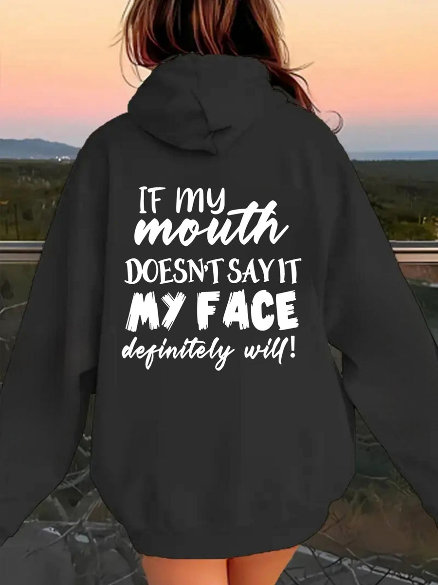 Women's Back Print Hooded Sweatshirt with Back Design - All-Season Casual Sweater, Relaxed Fit Machine Washable Sweaters with Hood, Cozy Sweaters for Women (Geometric/Text/Number/Graphic Prints) - Black