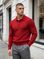 Men'S Business Light Luxury Style Lapel Honeycomb Texture Knit Polo Shirt, Soft Skin-Friendly Knit Fabric, 3D Honeycomb Texture Premium Texture, Slimming And Non-Tight, Long Sleeve Design Easy And Atmospheric Without Extra Logo - Bright Red