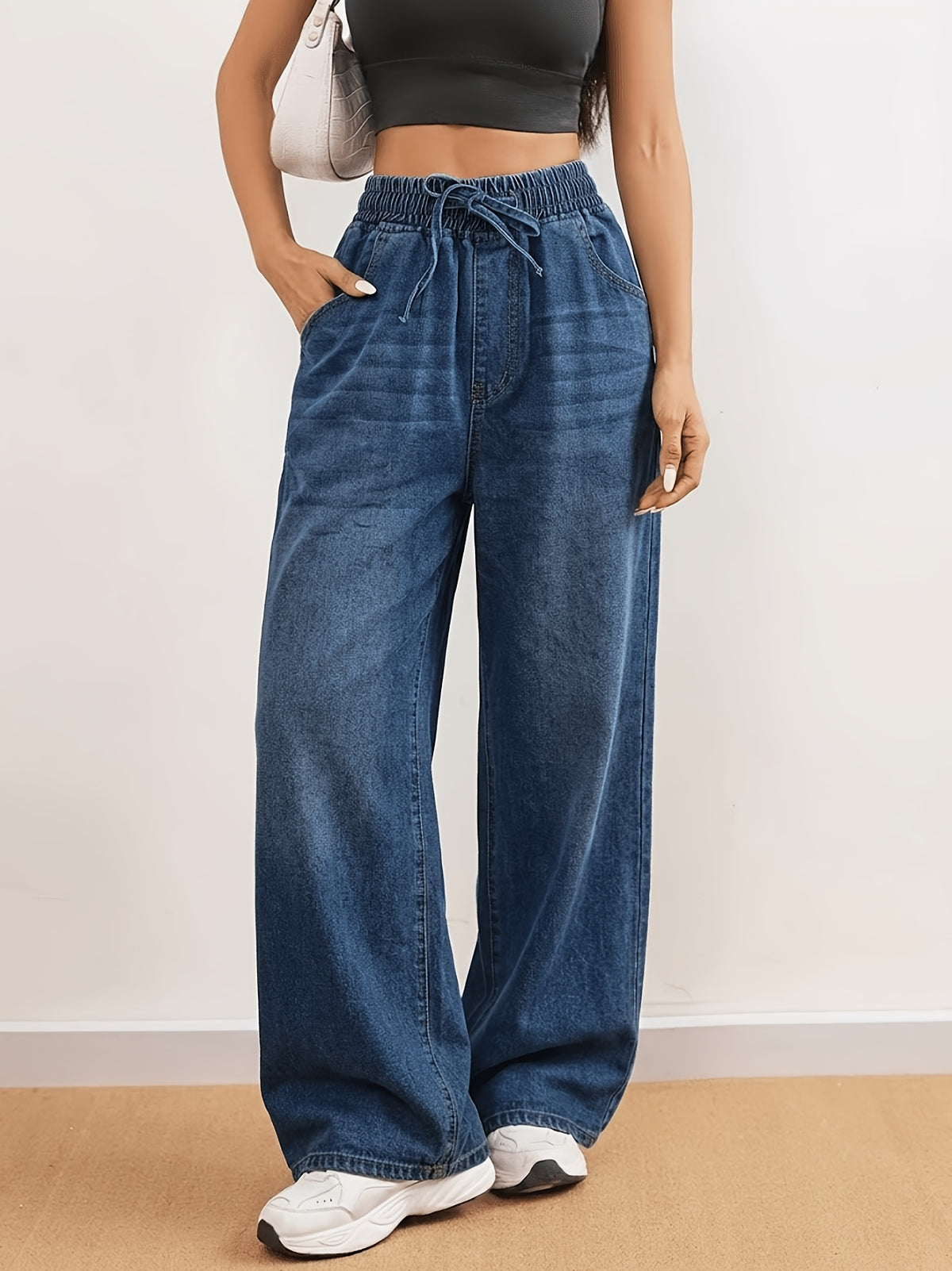 Summer Women'S Elastic Waist Lightweight Fabric Wide-Leg Jeans, Loose Drawstring High-Waist Thin Casual Denim Trousers, Suitable for Beach, Daily Commute, Casual Outings - Medium Blue
