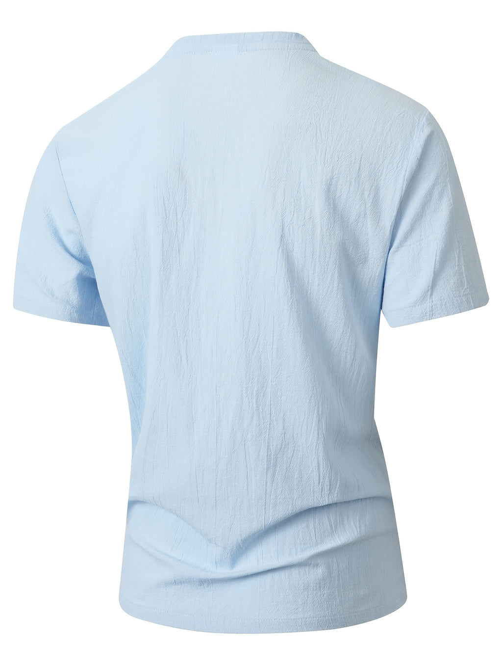 Summer Men'S Casual T-Shirt Linen Henley Collar Double-Button Men'S Short Sleeve Small V-Neck Men'S Casual Breathable Top Solid Color Breathable Commuter Casual Short Sleeve Top - Sky Blue