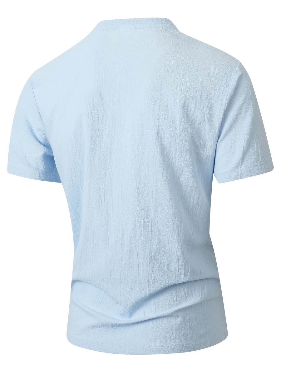Summer Men'S Casual T-Shirt Linen Henley Collar Double-Button Men'S Short Sleeve Small V-Neck Men'S Casual Breathable Top Solid Color Breathable Commuter Casual Short Sleeve Top - Sky Blue