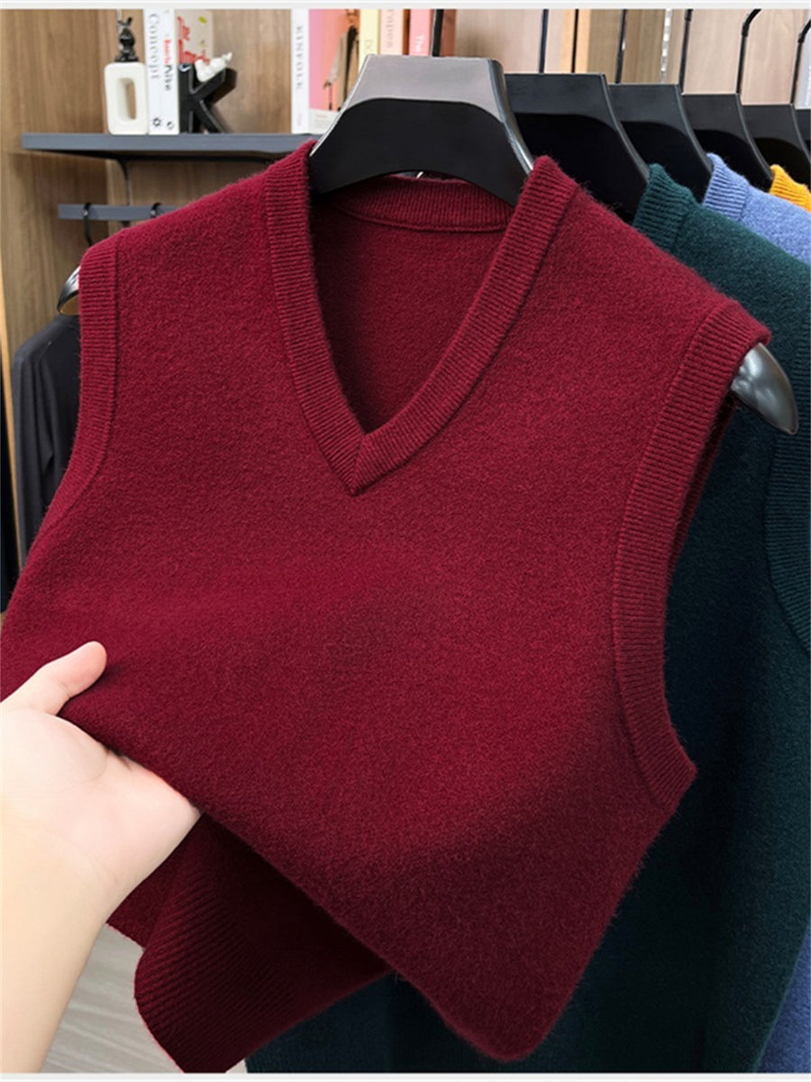 Autumn/Winter Knitted Solid Color V-Neck Sweater, Basic Knit Pullover, Men's Fashion Knit Vest ZYR - Burgundy color