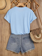 Sunflower Pattern Print - with Bow Design - Casual Round Neck, Short Sleeve, Spring/summer Fashion T-shirt - Light Blue