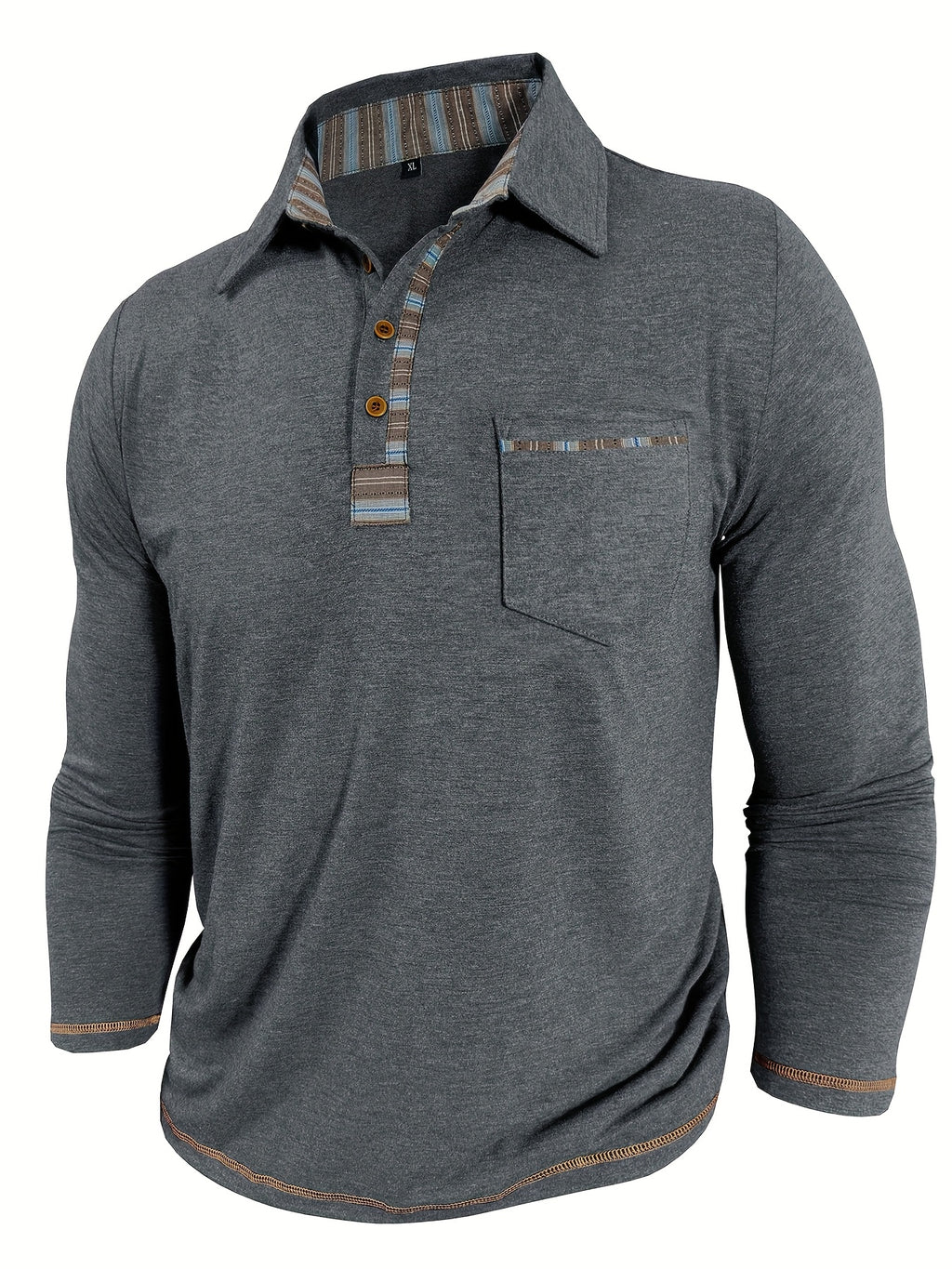 Men'S Retro Trendy Fashion Lapel Long Sleeve Polo Shirt, Casual Stylish Pocket Top T-Shirt - Dark Gray