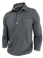 Men'S Retro Trendy Fashion Lapel Long Sleeve Polo Shirt, Casual Stylish Pocket Top T-Shirt - Dark Gray