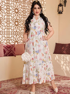 Directional Heavy Industrial 3D Imitation Multicolor Printed Arab Women'S Elegant Multi-Color Dress, 2026 Spring Summer Women'S Holiday Party Wear, Jalabiya Tassel Lace V-Neck Patchwork Pleated White Robe Fashion Elegant Fresh Clothing Outfit - Milky