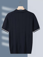 New Men's Business Fabric Shirt, Summer Men's Light Business Solid Color Casual Men's Lapel Short Sleeve Knitted Top - Navy Color