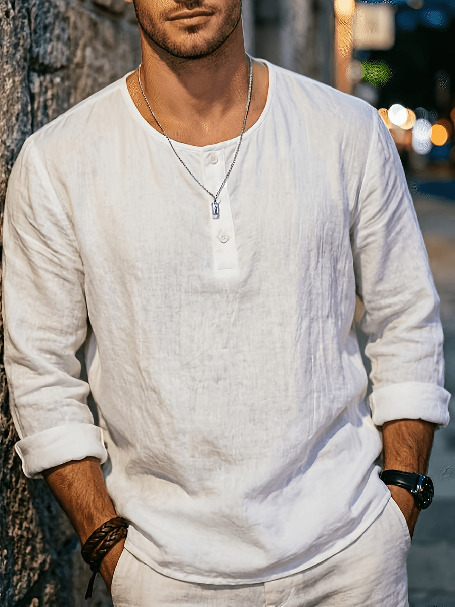 Men's Summer Linen Long Sleeve Shirt, Breathable Round Neck, Loose Fit. Suitable for Daily Casual, Beach Vacation or Yoga Sports, Also a Great Valentine's Day Gift for Him. - White