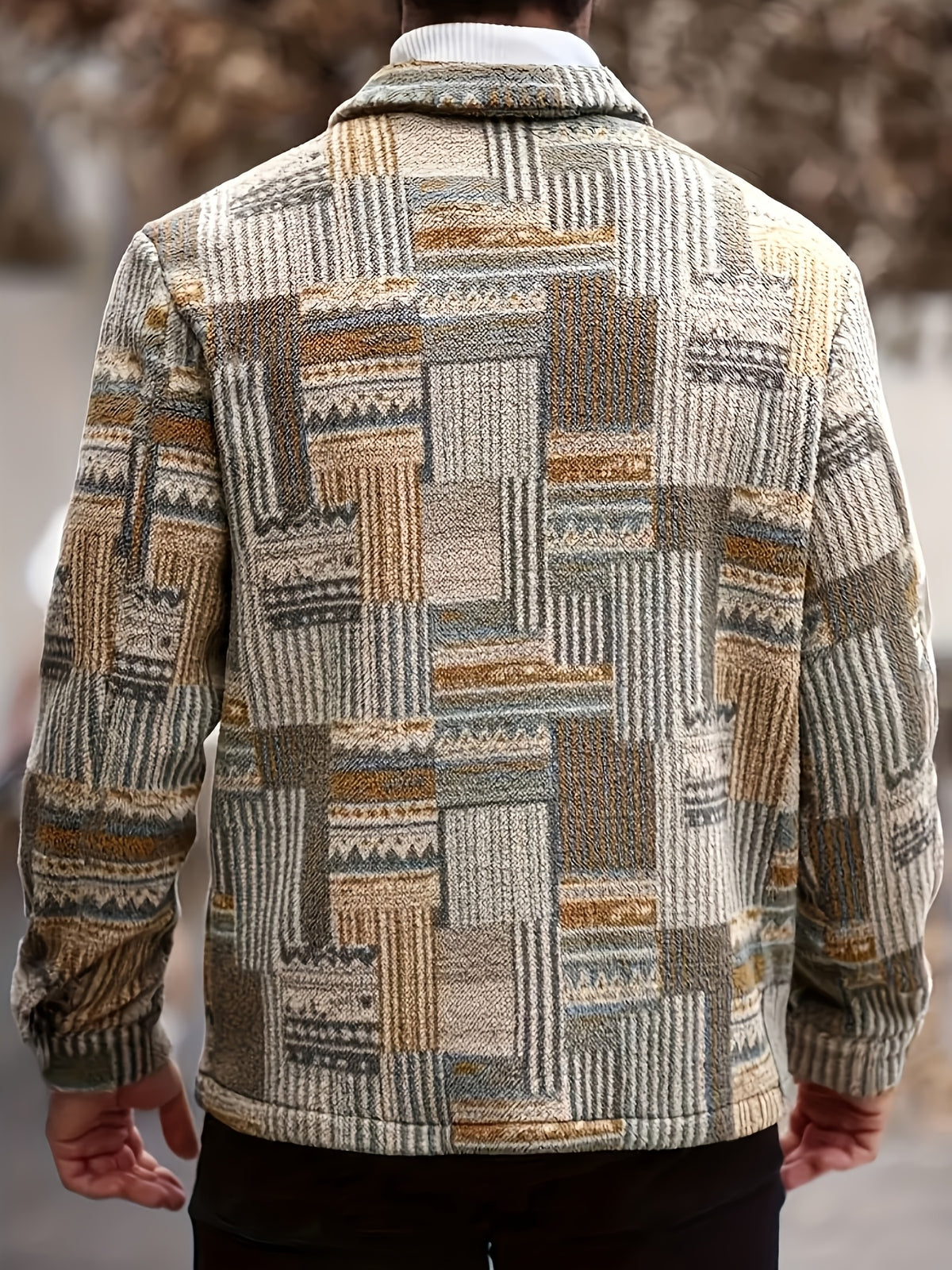 Men'S Geometric Pattern Long Sleeve Single Button Pocket Casual Jacket, Suitable for Autumn Winter Spring, Men'S Retro Style Jacket - Multicolor