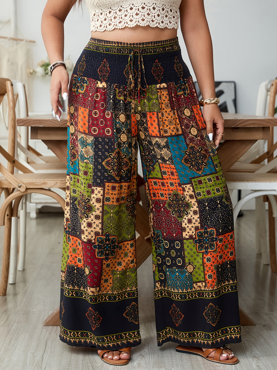 Plus Size, Plus Size Women's Printed Pleated Waist Drawstring High-Waist Wide-Leg Pants, Summer Solstice Plus Size Pants - Multicolor
