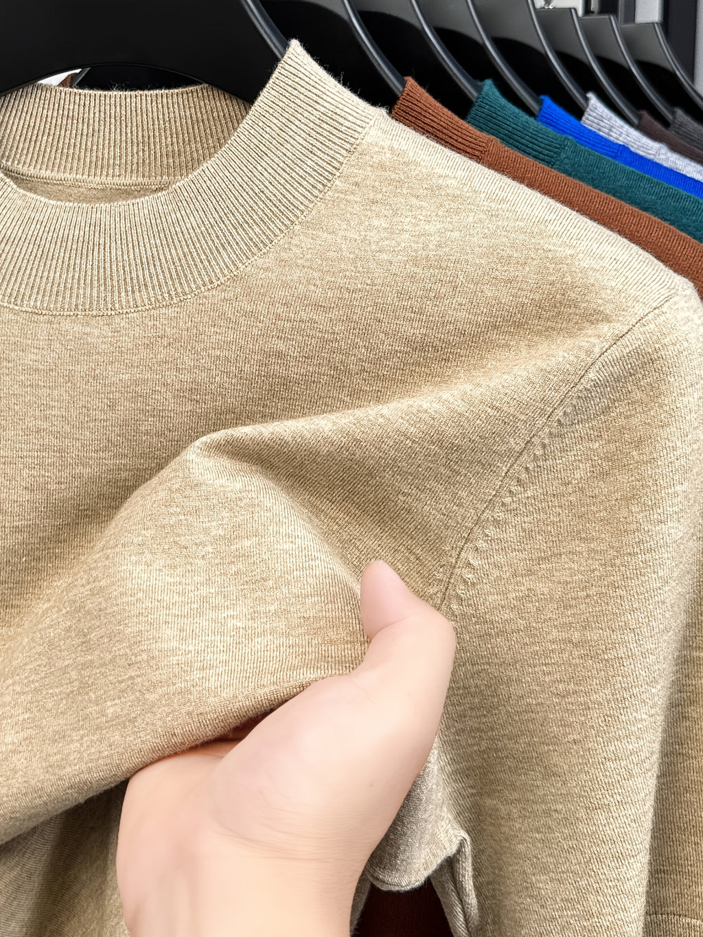 Men'S Solid Mock Neck Short Sleeve Knit Sweater, Soft Skin-Friendly Wool Blend Pullover, Stretch Slim Fit Basic Knit Top, Rib Neck Cuff, Business Commute Daily Casual Shirt, Versatile Inner And Outer Wear Men Base Layer - Camel