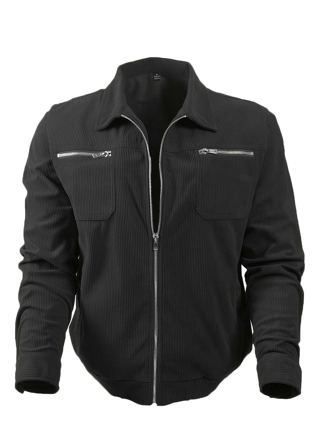 Men's Casual Long Sleeve Shirt Autumn Winter Solid Color Corduroy Zip-Up Jacket Vintage Style Top - Black