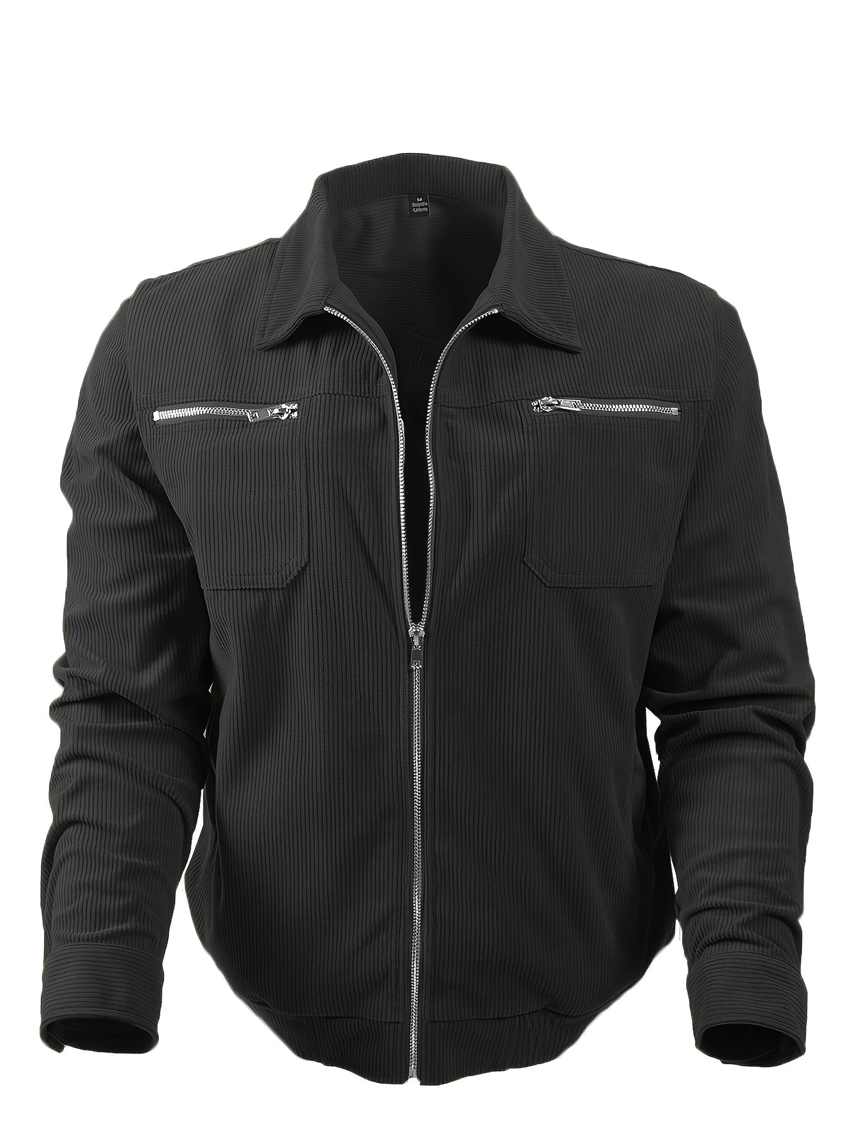 Men's Casual Long Sleeve Shirt Autumn Winter Solid Color Corduroy Zip-Up Jacket Vintage Style Top - Black