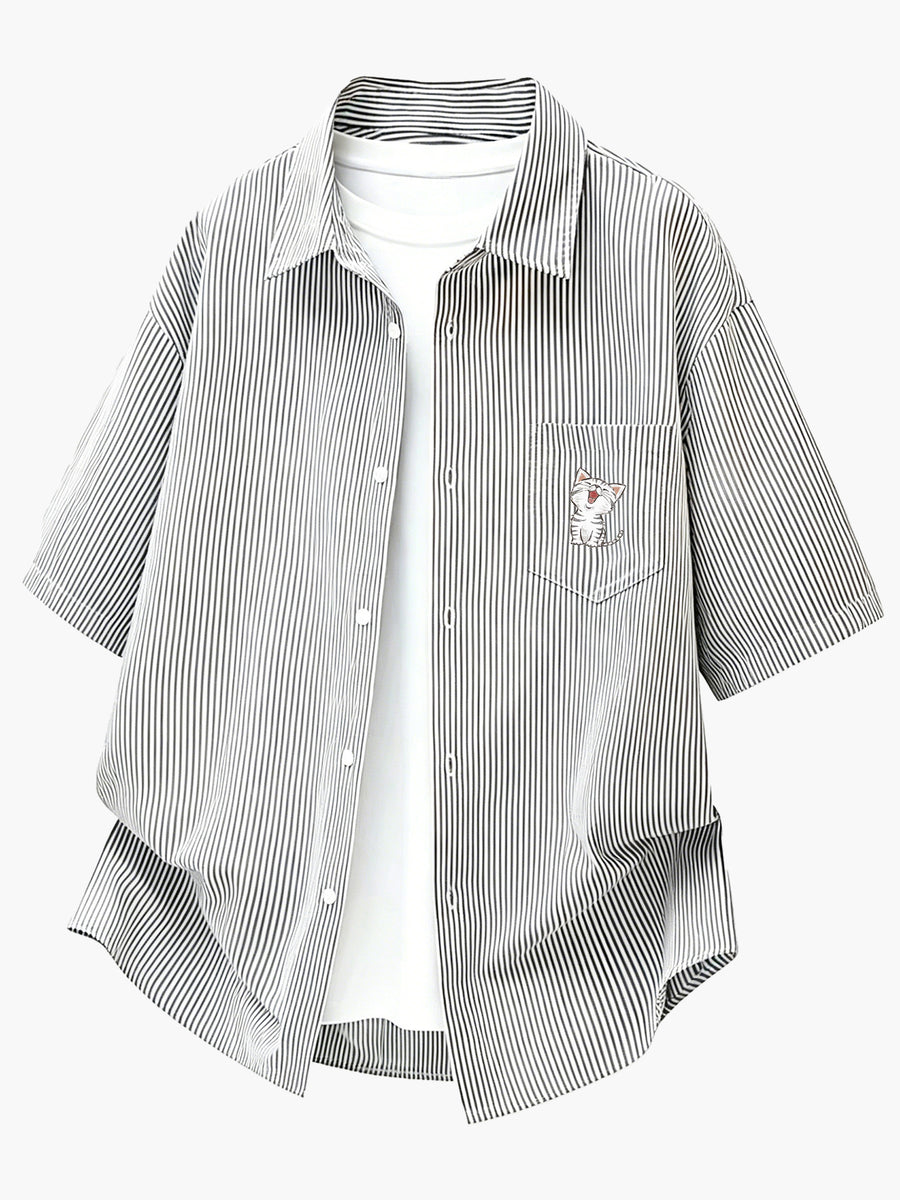 Summer Fashion New Fun Cartoon Healing Style Pocket Print Short Sleeve Thin Striped Lapel Casual Loose Shirt - Grey