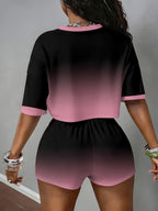 Ombre Bow Street Style Sporty High-Waist Loose Short Sleeve Shorts Set - Mixed colors