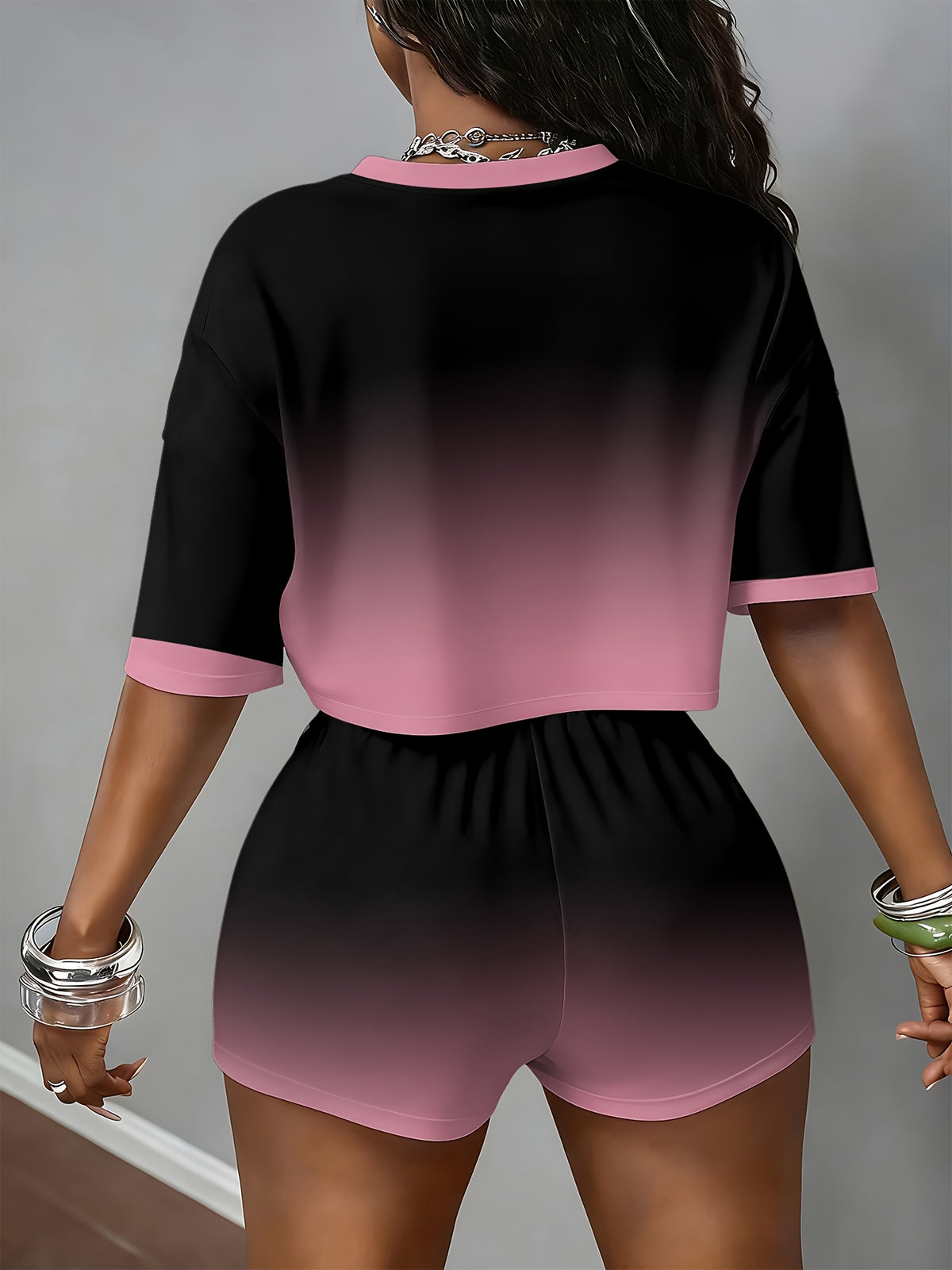 Ombre Bow Street Style Sporty High-Waist Loose Short Sleeve Shorts Set - Mixed colors
