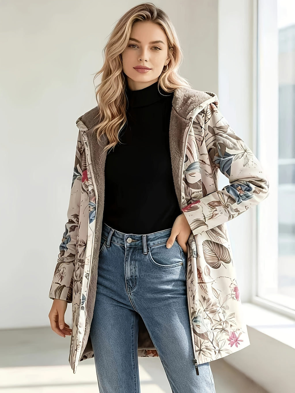 Women'S Fashion Autumn And Winter Hooded Long Sleeve Zipper Floral Print Fleece-Lined Jacket Coat - Blue Flower