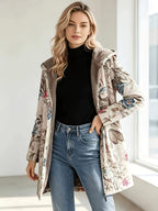 Women'S Fashion Autumn And Winter Hooded Long Sleeve Zipper Floral Print Fleece-Lined Jacket Coat - Blue Flower