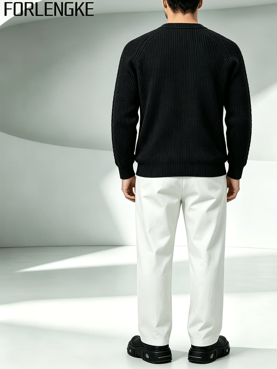 FORLENGKE Men'S Crew Neck Knitted Pullover with Vertical Cable Texture, Perfect for Solo Wear in Autumn And Winter to Show Texture Or Layered for a Stylish Look, Suitable for Shopping, Going Out, Parties, And Various Daily Occasions - Black