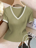 Summer New Ribbed Short Sleeve V-Neck White Lace Trim Slim Regular Length T-Shirt Top Women'S - Olive Green
