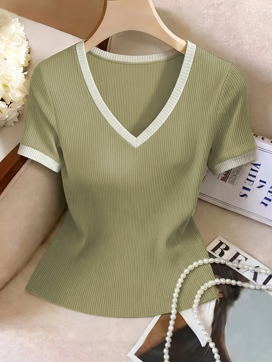 Summer New Ribbed Short Sleeve V-Neck White Lace Trim Slim Regular Length T-Shirt Top Women'S - Olive Green