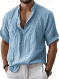 Men'S Fashion Polo Collar Linen Breathable Comfortable Casual Short Sleeve Shirt - Sky Blue