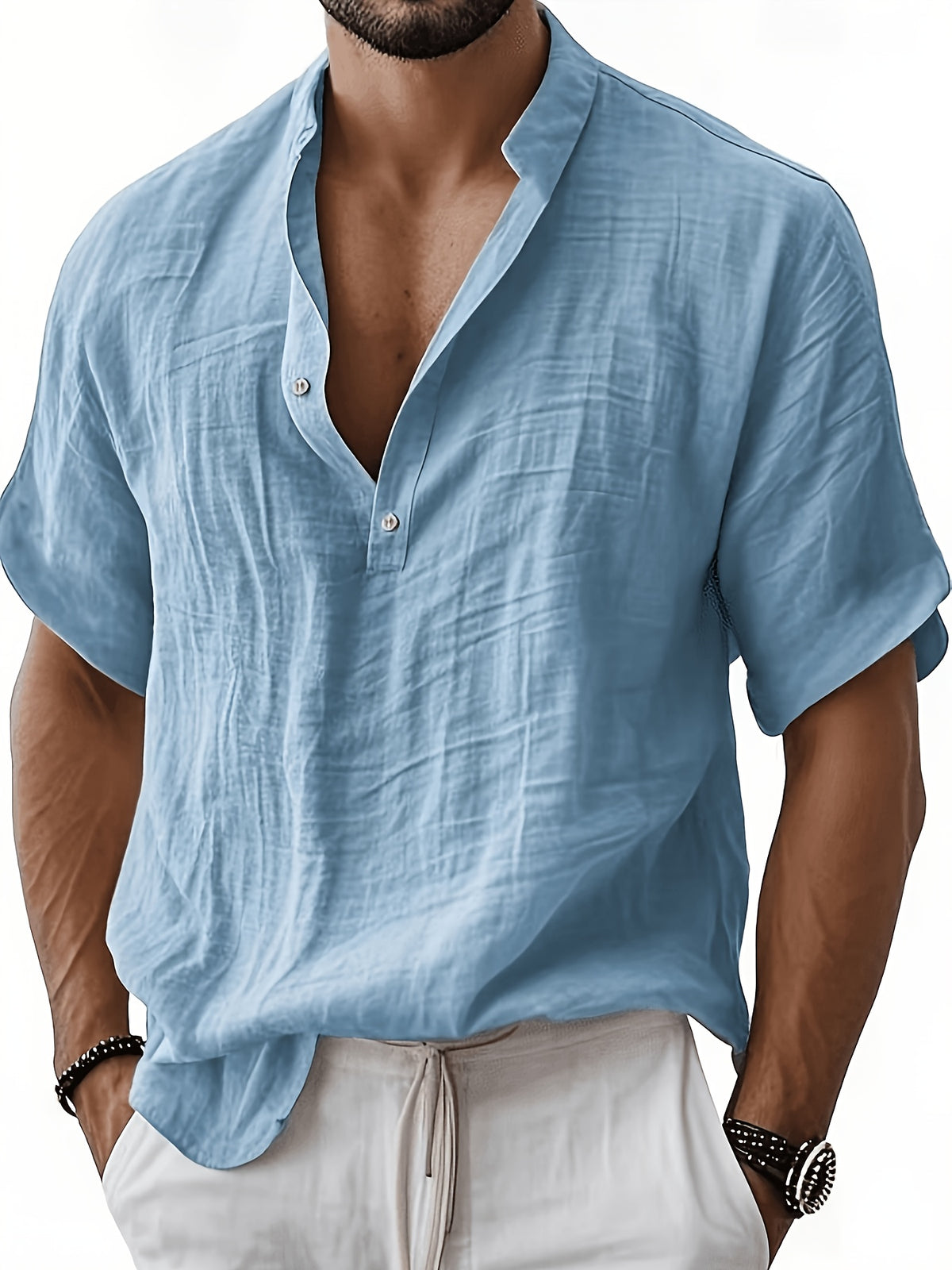 Men'S Fashion Polo Collar Linen Breathable Comfortable Casual Short Sleeve Shirt - Sky Blue