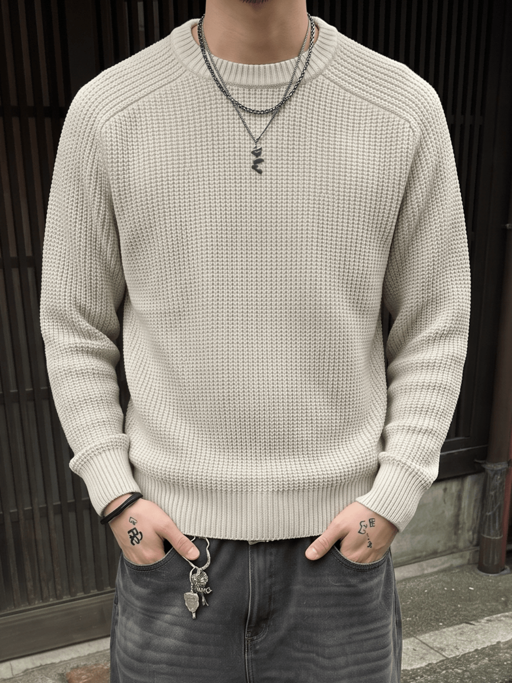 ANDREILEE Apricot Winter Men'S Loose Casual Round Neck Pullover Solid Color Casual Basic All-Match Knit Sweater Long Sleeve Top - Apricot