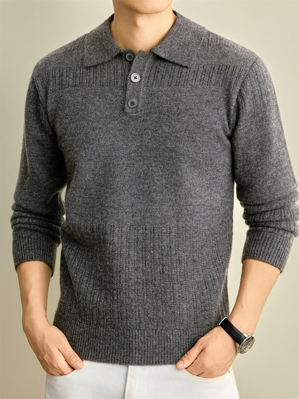 Autumn Winter Knit 3D Solid Color Lapel Polo Sweater, Basic Knit Pullover Top for Men, Fashionable Long Sleeve Sweater, Size S - Medium Gray