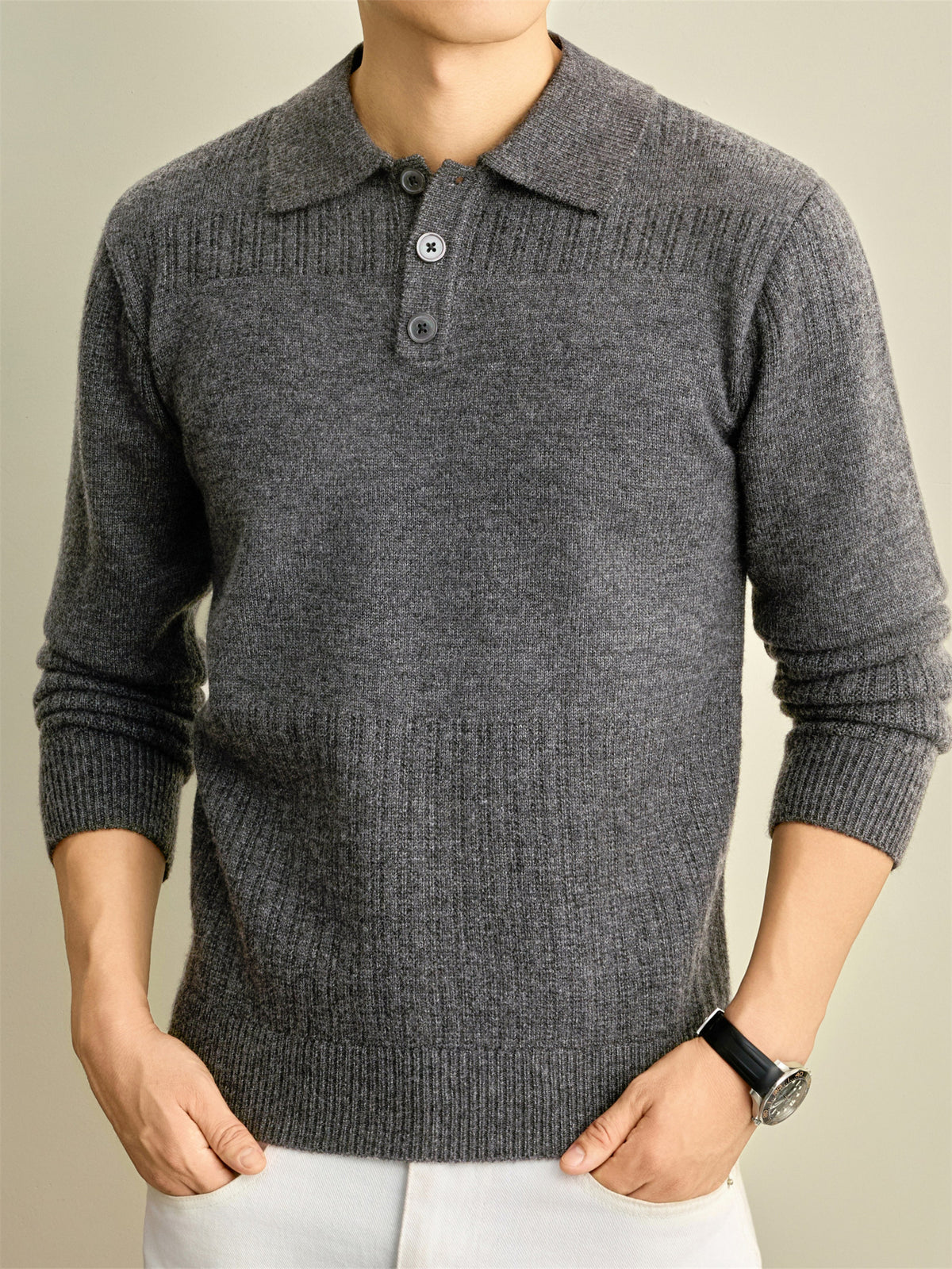 Autumn Winter Knit 3D Solid Color Lapel Polo Sweater, Basic Knit Pullover Top for Men, Fashionable Long Sleeve Sweater, Size S - Medium Gray