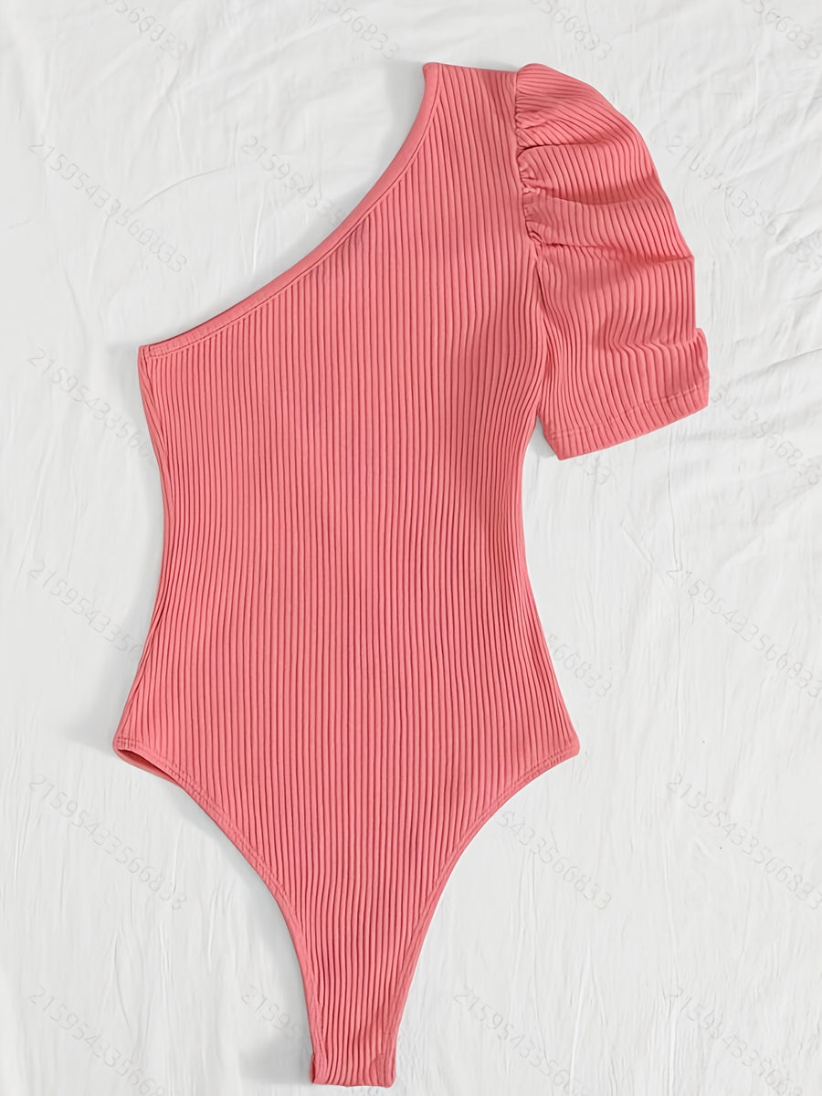 Privé One-Shoulder Bubble Sleeve Ribbed Bodysuit - Watermelon Red