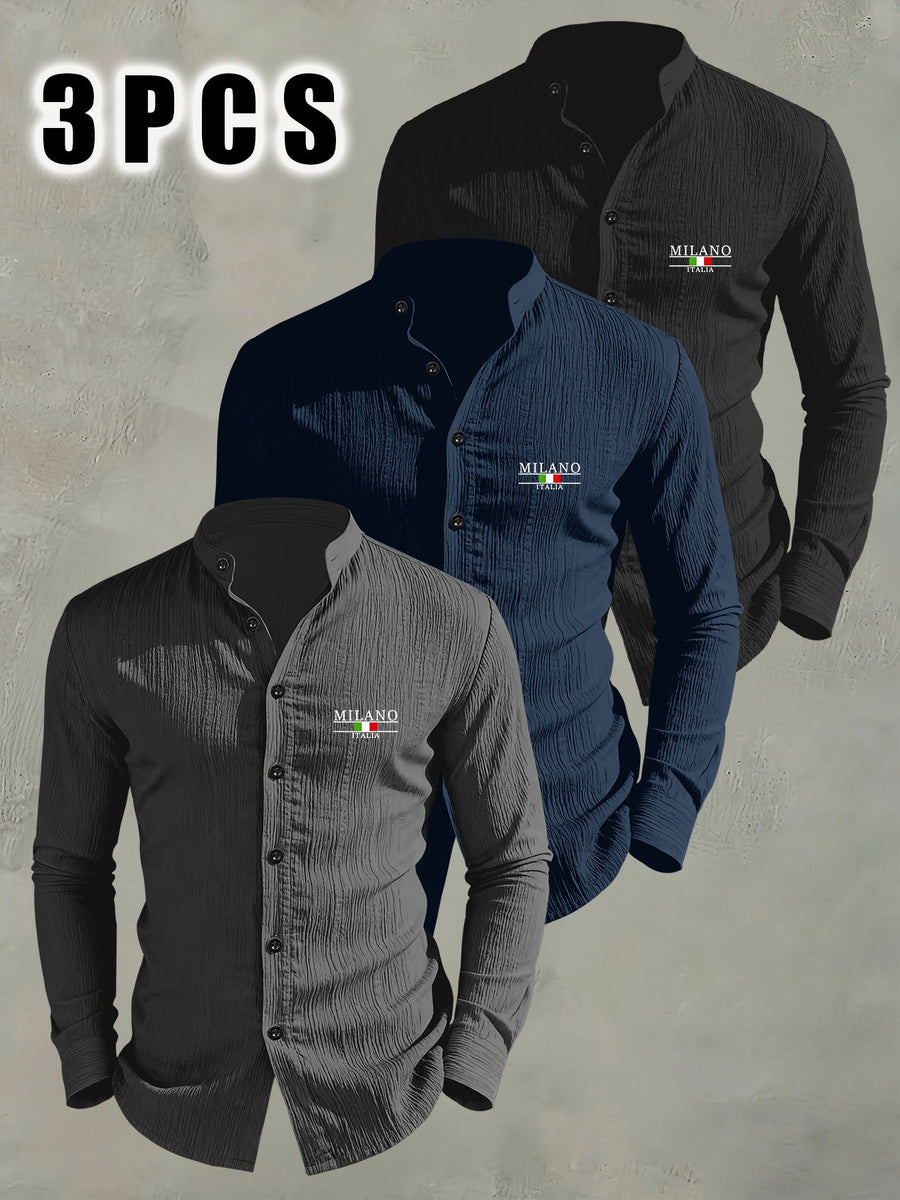 3pcs Men'S Lightweight Breathable Long Sleeve Shirts, Trendy "MILANO" Letter Flag Pattern Print - Fashionable Versatile Stand-Up Collar Comfortable Open Cardigan, Suitable for All Seasons, Beach, Outdoor, Travel Vacation, Party Daily Casual Wear - Gray+navy Blue+black