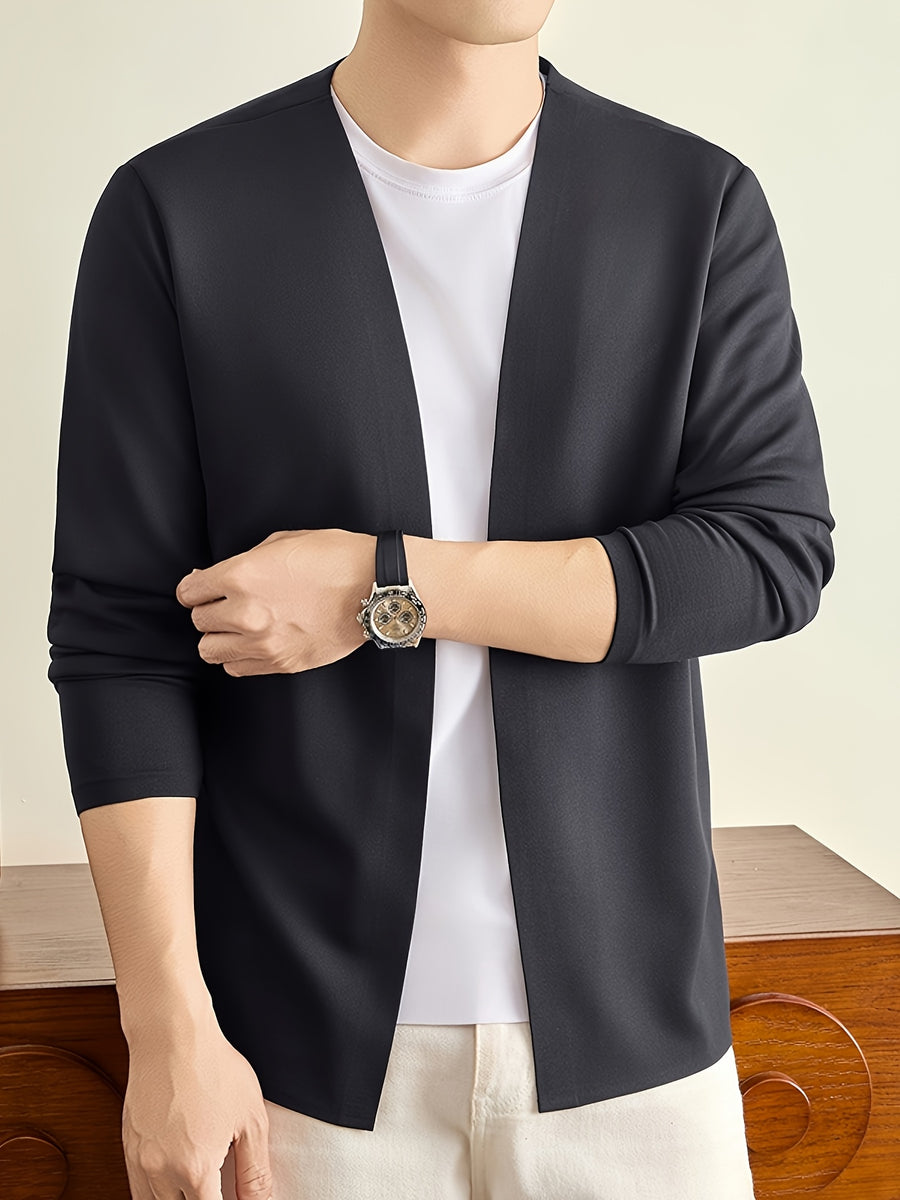 Men's Open Front Cardigan Long Sleeve V Neck Lightweight Solid Color Outerwear Casual Business Layering Jacket for Daily Wear - Grey