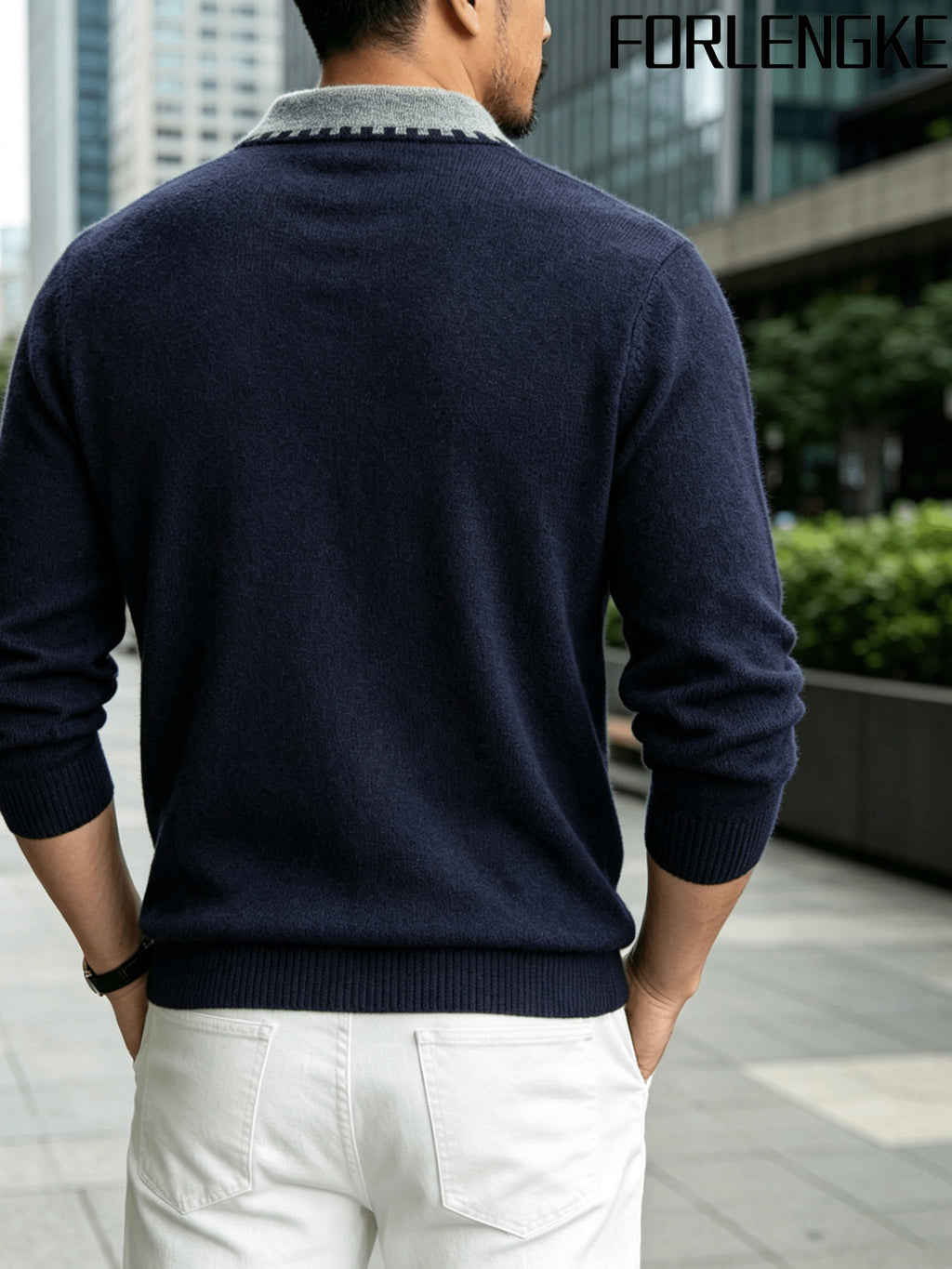 FORLENGKE Stylish Elegant Men'S Business Casual Color Block Lapel Polo Knit Sweater, Soft Skin-Friendly Thick Long Sleeve Pullover for Fall Winter Office Daily Wear - Navy Color