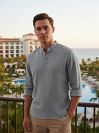 Men'S Linen Material Small Lapel Design Half-Open Button-Up Pullover Style Solid Color Casual Long Sleeve Shirt Suitable for Vacation Travel And Other Activities - Grey