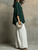 Bohemian Spring Summer New Loose Elegant Color-Block Set Women'S Round Neck Short Sleeve Solid Top And High-Waist Wide-Leg Pants 2pcs Set Western Casual Vacation Suit - Dark Green