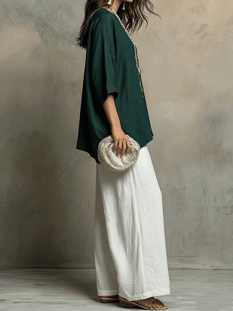 Bohemian Spring Summer New Loose Elegant Color-Block Set Women'S Round Neck Short Sleeve Solid Top And High-Waist Wide-Leg Pants 2pcs Set Western Casual Vacation Suit - Dark Green