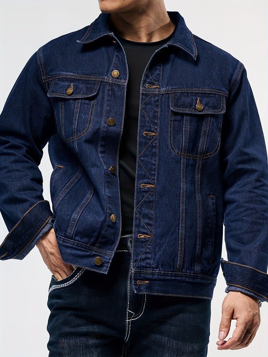 Men's Casual Fashion Denim Jacket, Relaxed Fit Street Style Denim Coat with Button Closure - Blue