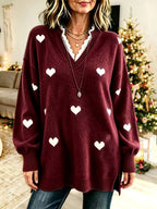 Plus Size - Women'S Elegant Lace Patchwork Sweater, Cute Heart Embroidery Women'S Sweater, Suitable for Autumn And Winter, Loose Fit Long Sweater, Suitable for Commute And Date Outfits - Deep Red