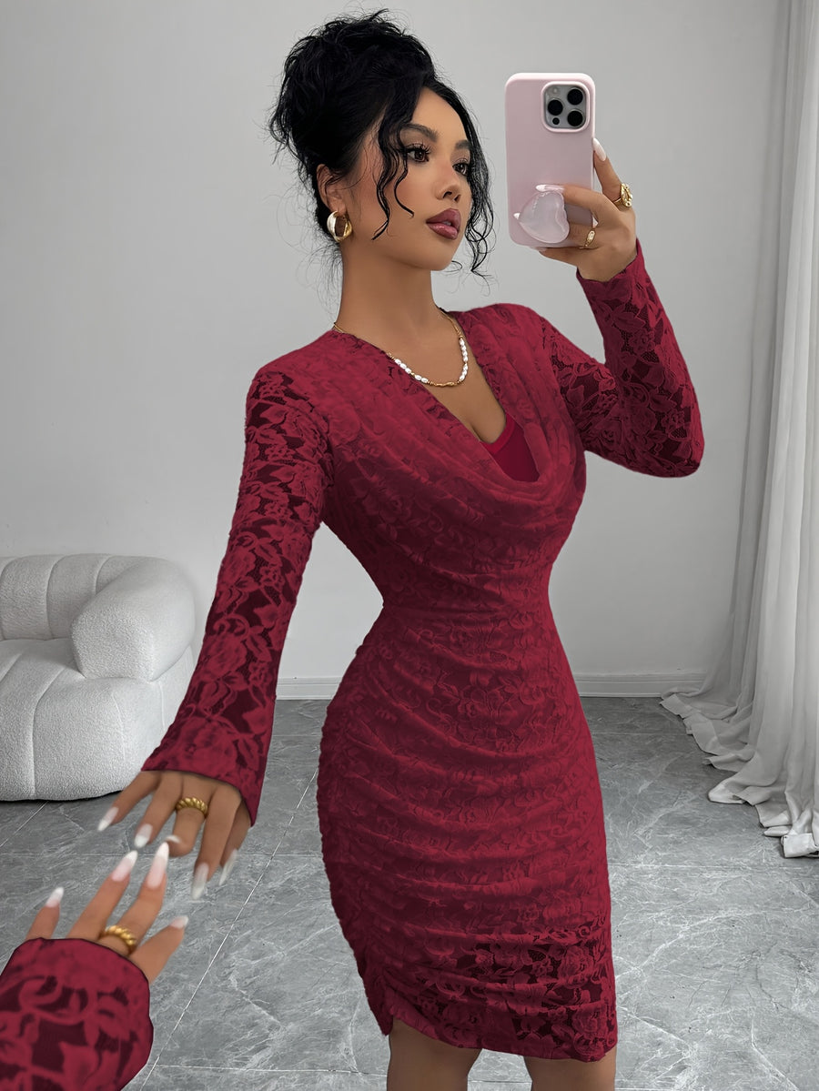 Women's Elegant Slim-Fit Mini Dress with Ruffled Collar, Ruffle Hem, and Corded Lace, Evening Gown, Bridesmaid Dress - Burgundy