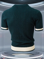 Men's Knit Short Sleeve Sweater, Heavy Craft Wave Jacquard Slimming Vertical Stripes, Stylish Trendy Thermal Base Layer, Thick Half Sleeve for Spring Autumn Winter, High-Quality Pullover, Can Be Worn Alone or as a Base Layer - Dark Green
