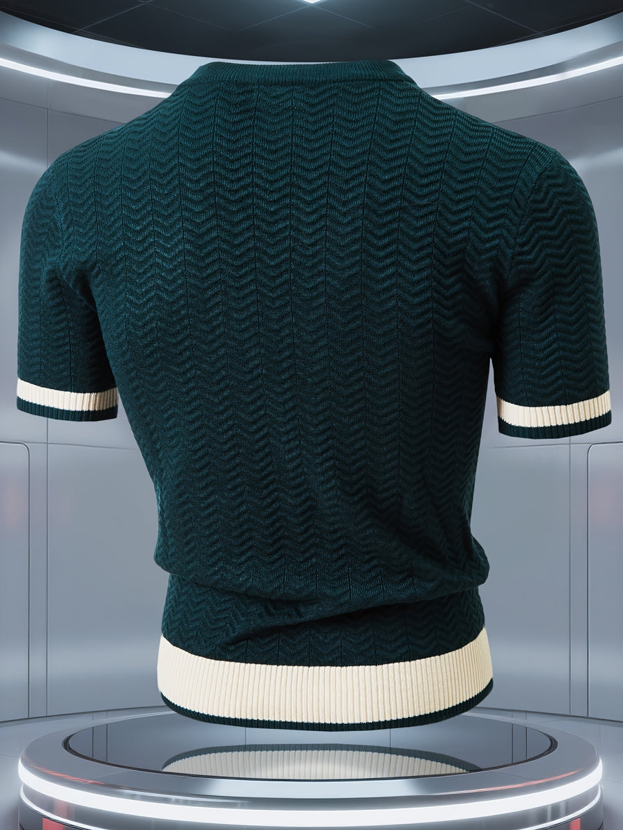 Men's Knit Short Sleeve Sweater, Heavy Craft Wave Jacquard Slimming Vertical Stripes, Stylish Trendy Thermal Base Layer, Thick Half Sleeve for Spring Autumn Winter, High-Quality Pullover, Can Be Worn Alone or as a Base Layer - Dark Green