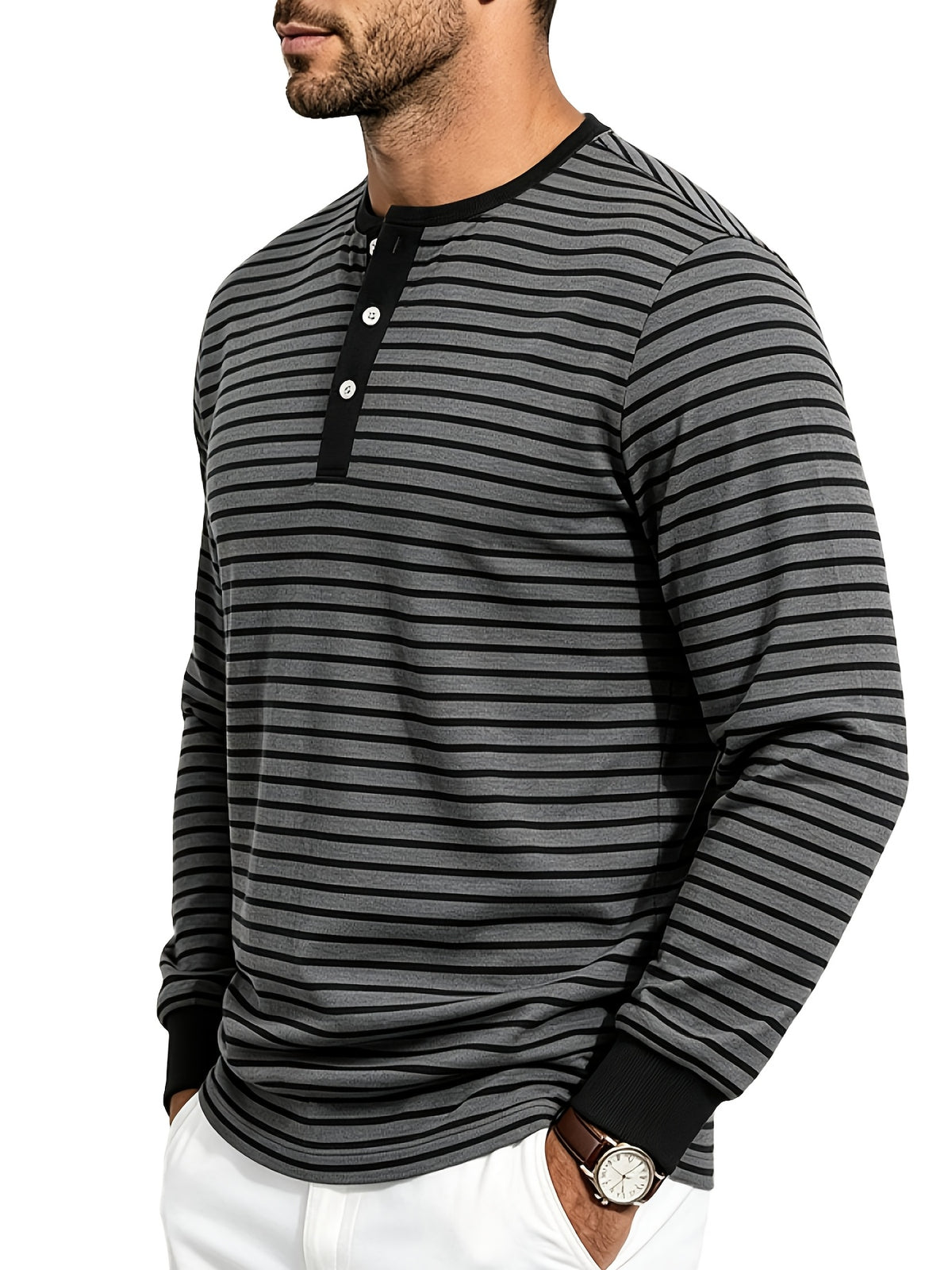 Men'S Spring Autumn Casual Loose Easy Striped Outdoor Commuter Long Sleeve Henley Shirt - Dark Gray