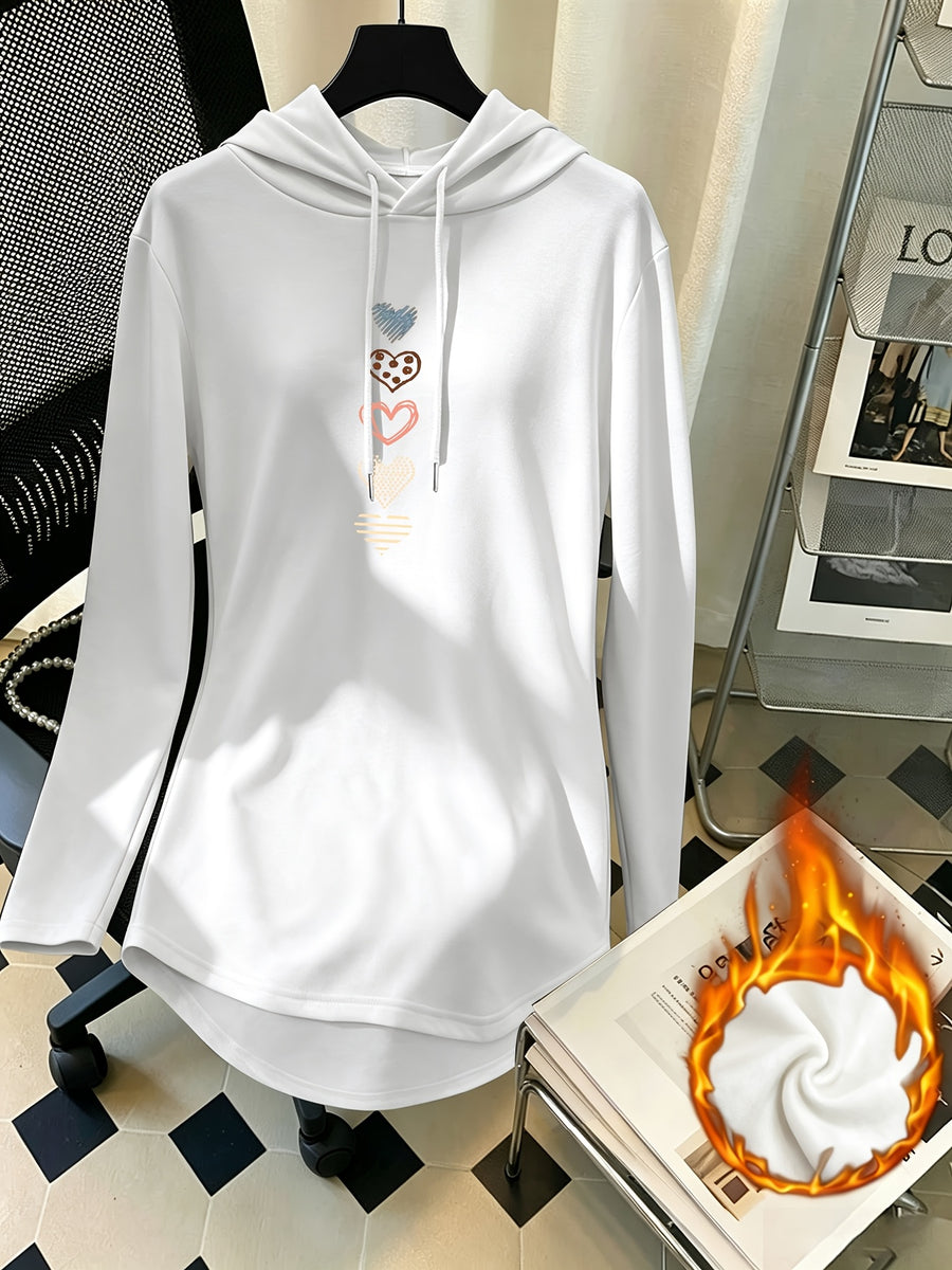Women's Mid-Length Hooded Sweatshirt, Loose Fit, Hip-Covering, Heart Print, Drawstring Pullover Top - White
