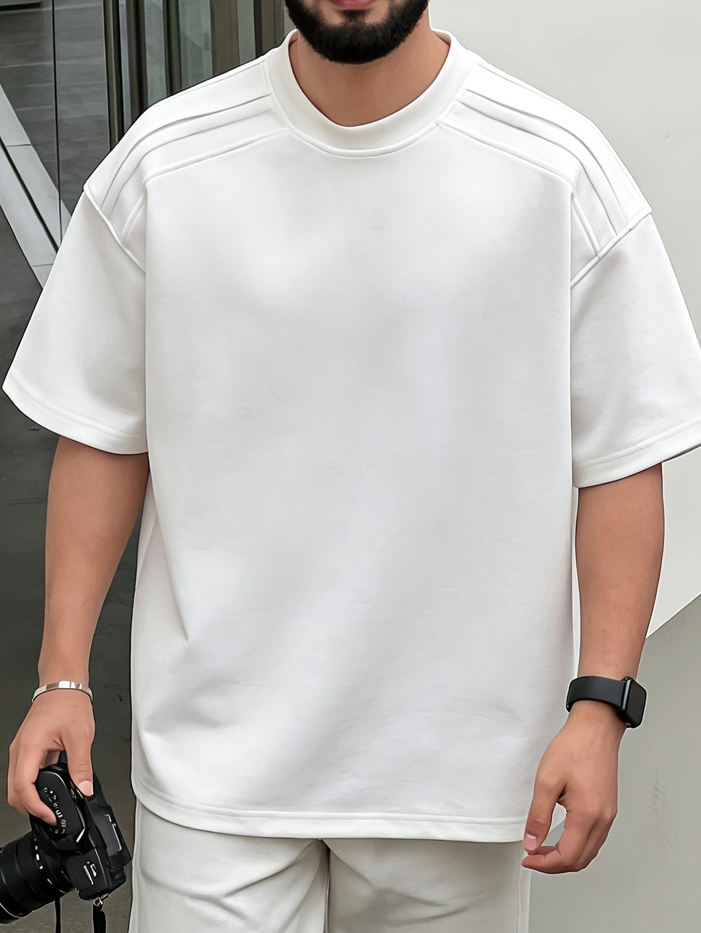 Men's Casual T-Shirt for Spring/Summer with 3D Shoulder Patchwork, Heavyweight Premium Feel Short Sleeve Crew Neck Pullover T-Shirt, Simple Streetwear Fashion Top, In Stock - White