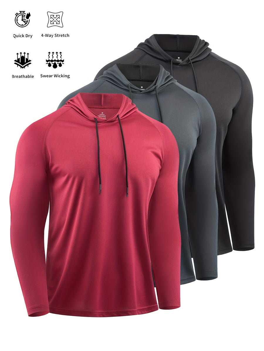 3pcs Outdoor Breathable Hooded T-Shirts for Men, Spring/Summer Fitness and Casual Wear, for Gym - Red+Dark Gray+Black