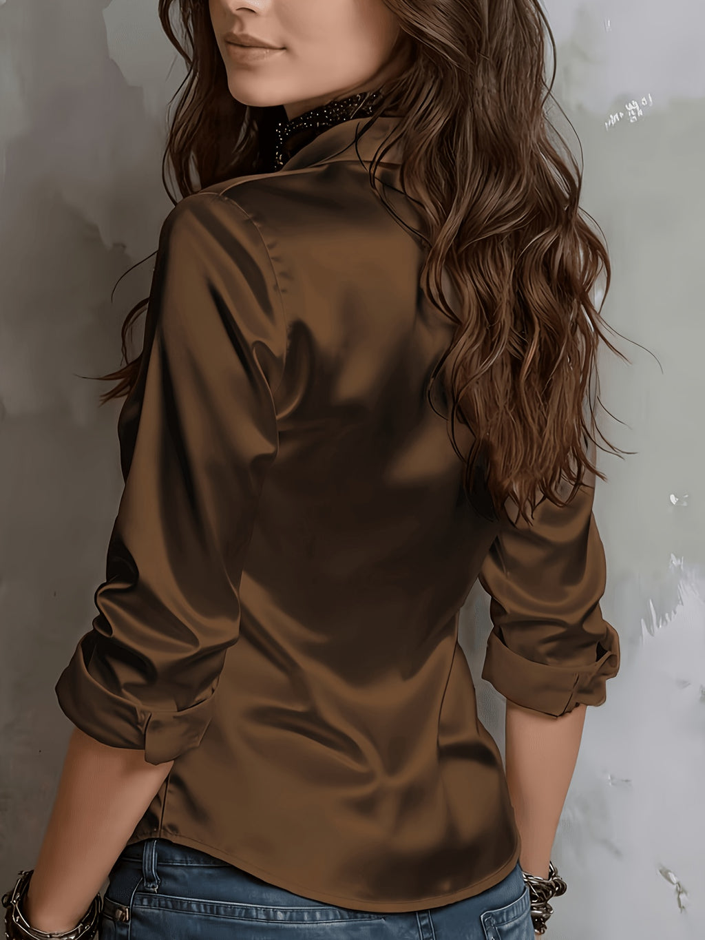 Women'S All-Season Temperament Commuter Satin Shirt - Coffee Brown